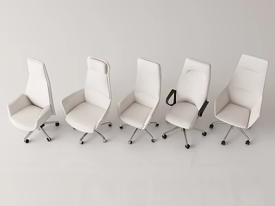 Five White Office Chairs with Wheels Different Backrest Designs Neatly Arranged in Light Background 3d model