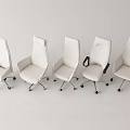 Five White Office Chairs with Wheels Different Backrest Designs Neatly Arranged in Light Background