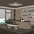 Natural Modern Tea Room Interior With Wooden Table Tea Sets Shelves Bench And Plants