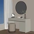 Modern White Dressing Table With Round Mirror Table Lamp Stool And Green Plant 3d model