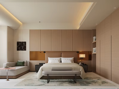 Modern Hotel Room Interior With King Bed Wooden Cabinets Sofa And Decorative Lighting 3d model