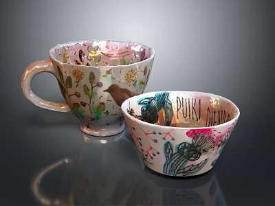 Decorative Cups with Colorful Patterns Flowers Bird Cactus and PUNK DREAM Text Design 3d model