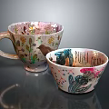 Decorative Cups with Colorful Patterns Flowers Bird Cactus and PUNK DREAM Text Design