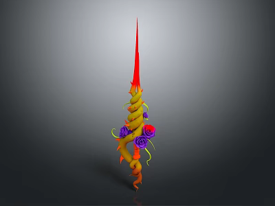 3D Rendered Weapon with Spiral Shaped Red Spike Top Yellow Orange Gradient Purple Pink Flowers 3d model