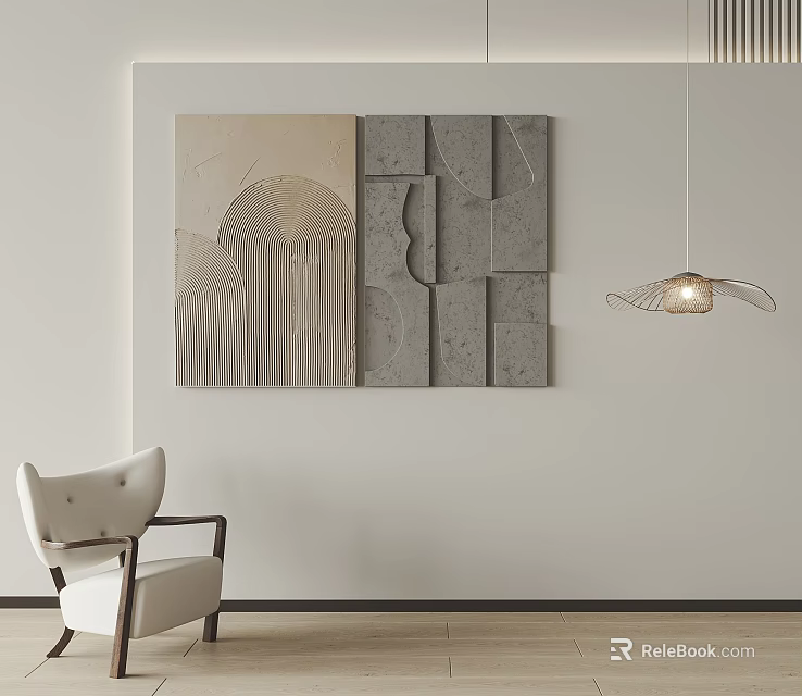 Modern Interior Wall With Abstract Art Panels White Armchair And Pendant Light 3d model 