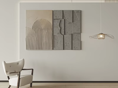 Modern Interior Wall With Abstract Art Panels White Armchair And Pendant Light 3d model