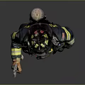 Man in Firefighter Uniform With Helmet Holding Rescue Tool in Standing Pose