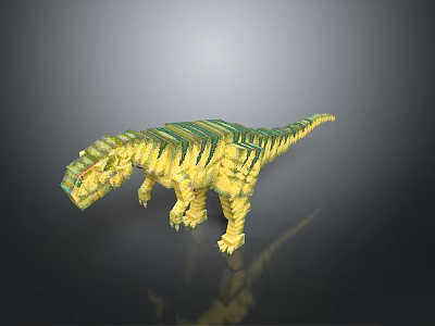Gold And Green Blocky Dinosaur Model With Pixelated Design On Gray Gradient Background With Reflection 3d model
