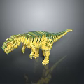 Gold And Green Blocky Dinosaur Model With Pixelated Design On Gray Gradient Background With Reflection