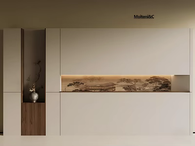 Modern Background Wall Design With Built In Landscape Painting Wooden Panel And Lighting 3d model