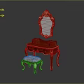 Ornate Red Dressing Table With Gold Carved Mirror And Cushioned Stool