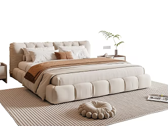 Modern Cream Style Double Bed Fabric Double Bedside Cabinet Chandelier Carpet 3d model