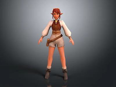 Female Elf Character With Red Hair Brown Vest White Shorts And Boots 3d model