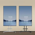 Two Modern TVs on Wheeled Stands with Scenic Background and Time Display Icons