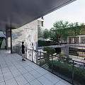 Modern Feature Wall in Courtyard with Greenery Stone Pathway and People Walking
