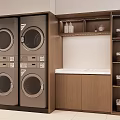 Hotel Public Laundry Area With Washing Machines Dryers Wooden Shelves And Baskets