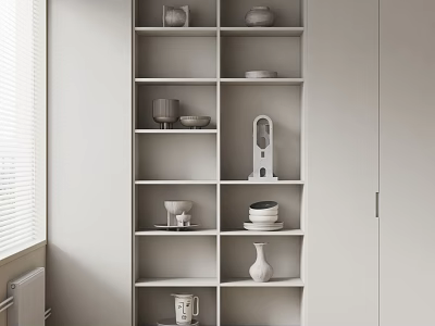 Minimalist Modern White Open Shelving Cabinets With Decorative Pottery And Vases 3d model