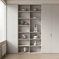 Minimalist Modern White Open Shelving Cabinets With Decorative Pottery And Vases