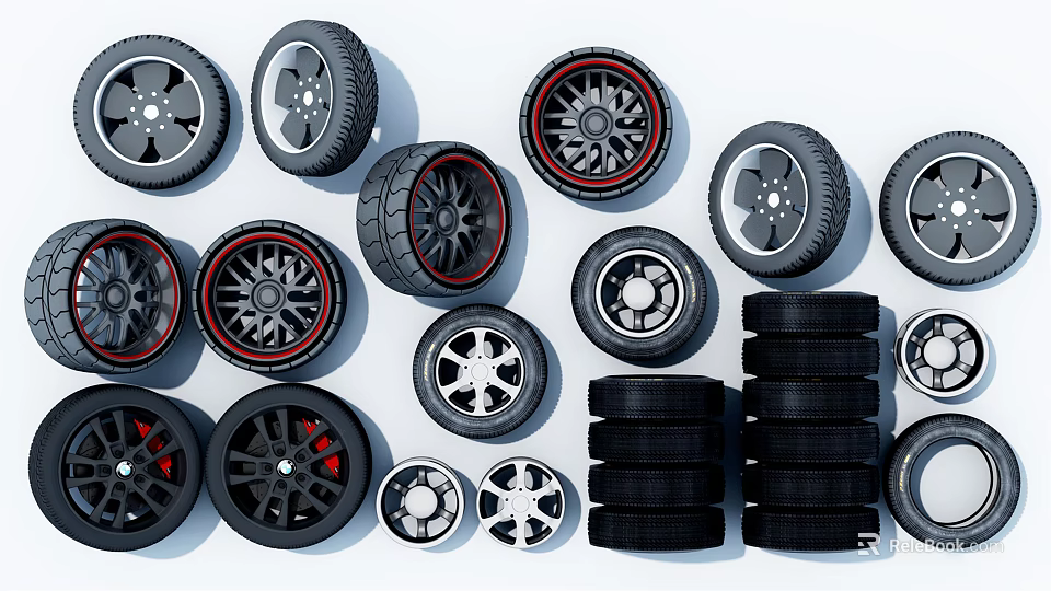 Various New Tires With Alloy Rims Stacked Arrangement And Different Tread Patterns 3d model 