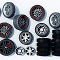 Various New Tires With Alloy Rims Stacked Arrangement And Different Tread Patterns