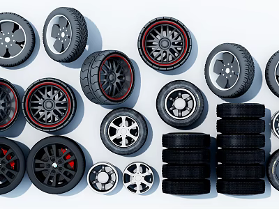 Various New Tires With Alloy Rims Stacked Arrangement And Different Tread Patterns 3d model