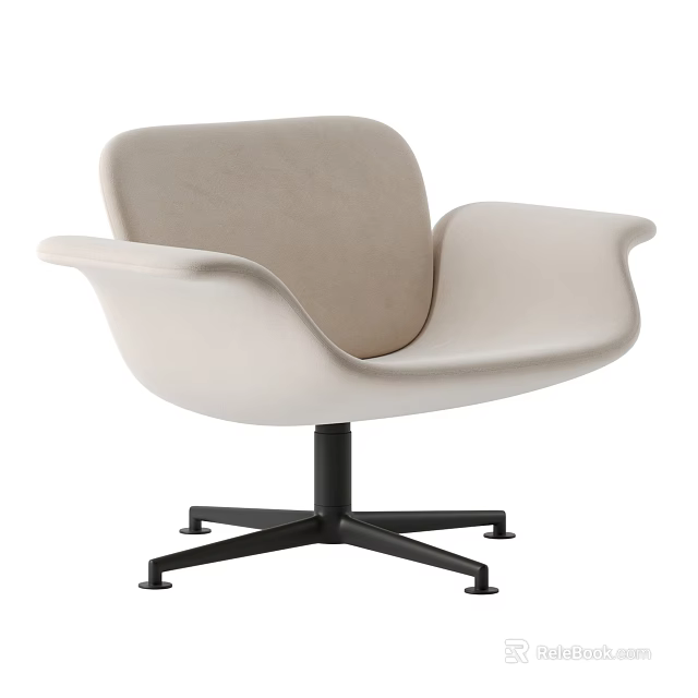 Modern Light Beige Upholstered Accent Chair with Curved Backrest Armrests and Black Metal Swivel Base 3d model 