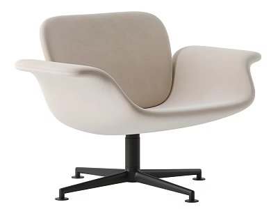 Modern Light Beige Upholstered Accent Chair with Curved Backrest Armrests and Black Metal Swivel Base 3d model