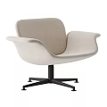 Modern Light Beige Upholstered Accent Chair with Curved Backrest Armrests and Black Metal Swivel Base