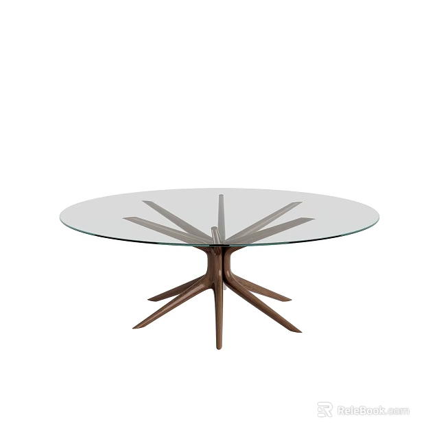 Modern Coffee Table with Round Glass Top and Wooden Radial Support Structure Design 3d model 