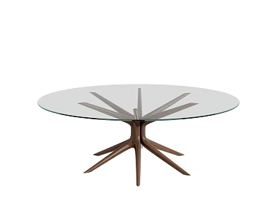 Modern Coffee Table with Round Glass Top and Wooden Radial Support Structure Design 3d model