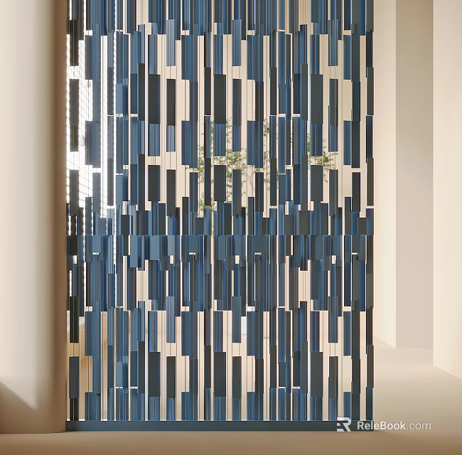 Modern Decorative Room Divider With Blue And White Striped Wooden Slats For Interior Space Separation 3d model 
