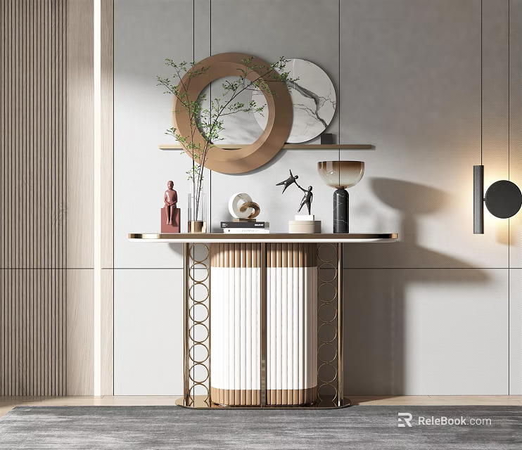 Elegant Modern Console Table Design With Circular Mirror Green Plant And Decorative Items 3d model