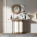 Elegant Modern Console Table Design With Circular Mirror Green Plant And Decorative Items 3d model