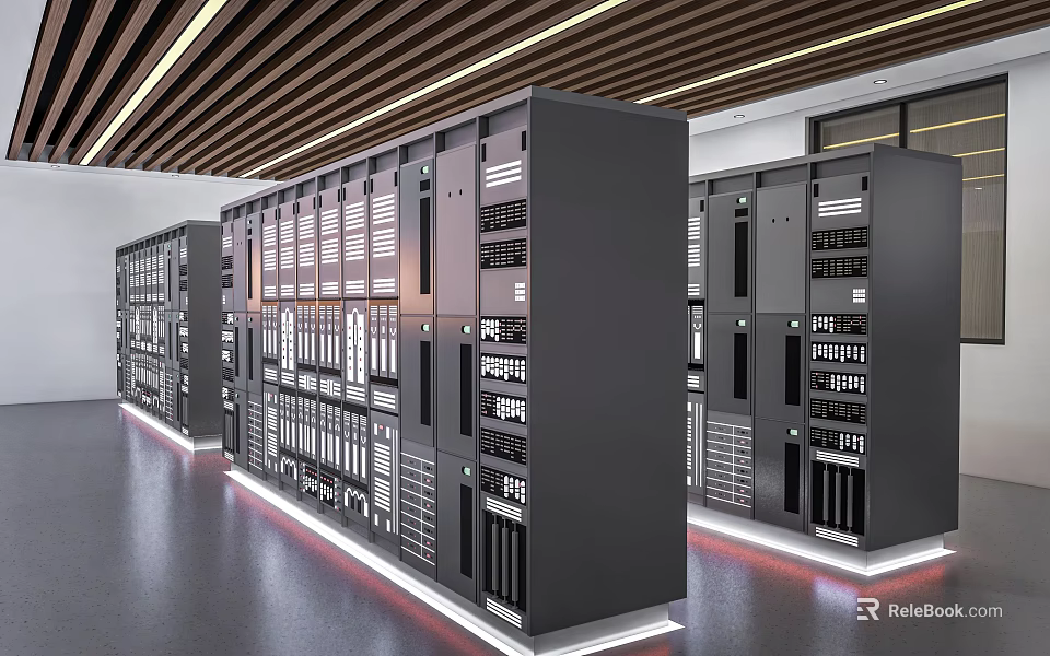 Row of Modern Black Server Racks with Ventilation and Indicator Lights in Data Center 3d model 