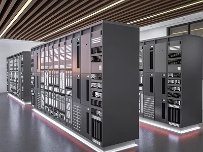 Row of Modern Black Server Racks with Ventilation and Indicator Lights in Data Center 3d model
