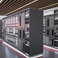 Row of Modern Black Server Racks with Ventilation and Indicator Lights in Data Center