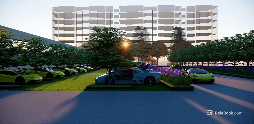Modern Building Parking Lot With Luxury Cars Greenery And Sunset View 3d model 