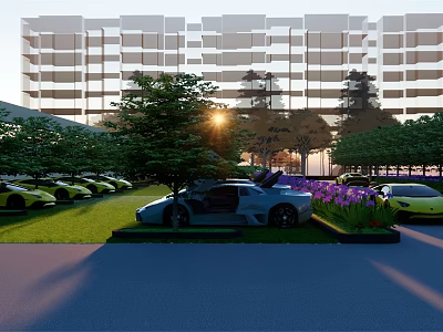 Modern Building Parking Lot With Luxury Cars Greenery And Sunset View 3d model