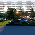 Modern Building Parking Lot With Luxury Cars Greenery And Sunset View