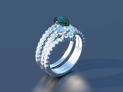 Elegant Silver Jewelry Ring With Emerald Center Stone And Surrounding Sparkling Diamonds 3d model