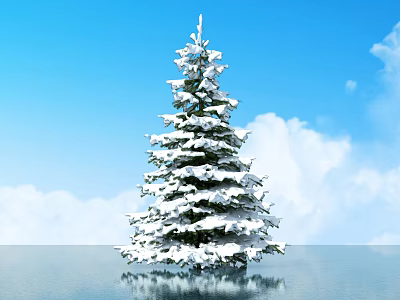 Snow Covered Arbor Against Blue Sky With White Clouds And Reflection on Water Surface 3d model