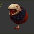 Colorful 3D Bird With Open Beak Yellow Eyes Red Feet Blue Red Feathers Dark Background