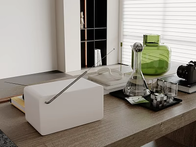 Modern Open Kitchen With White Inflatable Design Wooden Counter Green Bottle And Black Coffee Maker 3d model