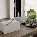 Modern Open Kitchen With White Inflatable Design Wooden Counter Green Bottle And Black Coffee Maker