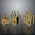 Three Fairy Tale Style Castle Buildings With Red Spires Blue Decorations And Stone Exterior