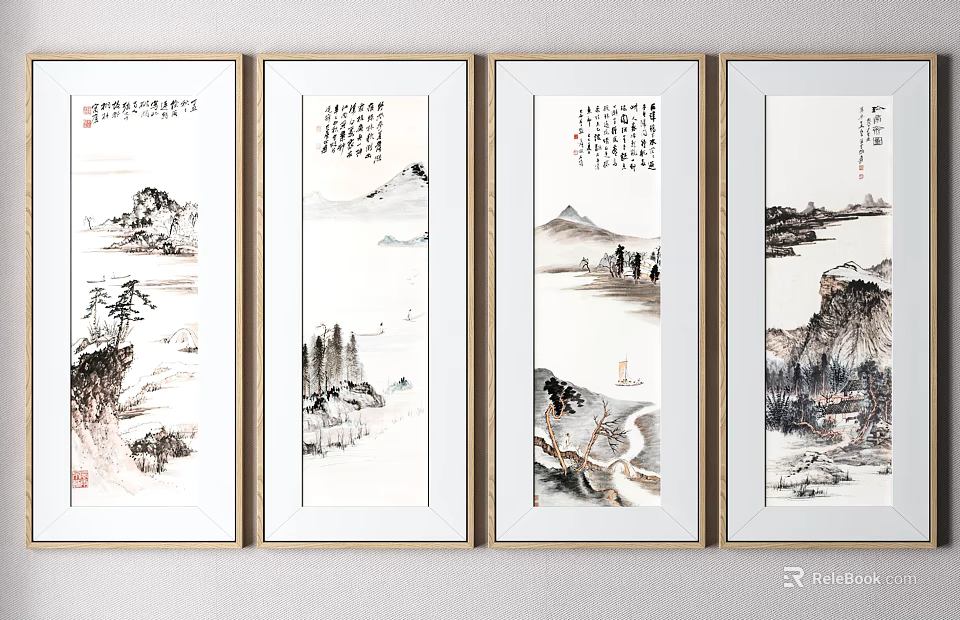 Traditional Chinese Landscape Paintings Four Panels with Golden Frames Hanging on Wall 3d model 