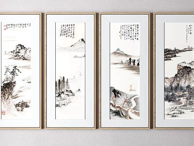 Traditional Chinese Landscape Paintings Four Panels with Golden Frames Hanging on Wall 3d model