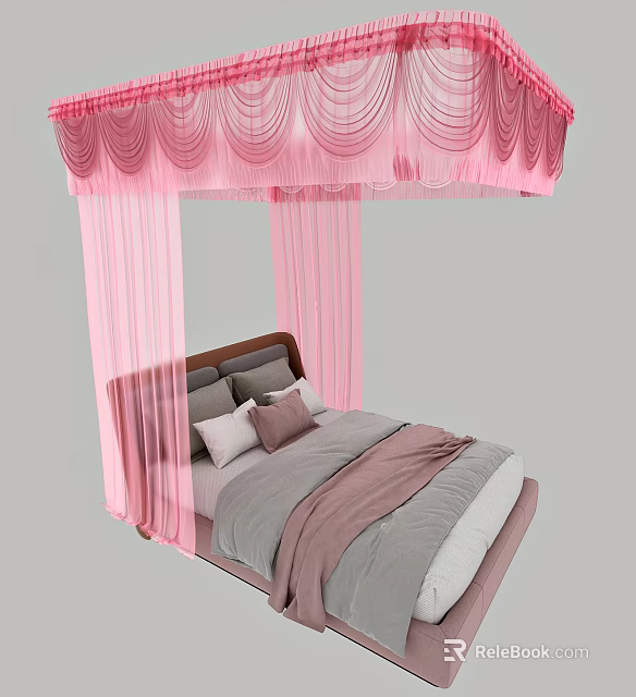 Pink Fringed Canopy Double Bed With Gray And Pink Bedding And Pillows 3d model 