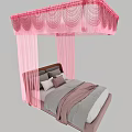 Pink Fringed Canopy Double Bed With Gray And Pink Bedding And Pillows