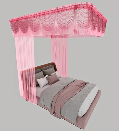 Pink Fringed Canopy Double Bed With Gray And Pink Bedding And Pillows 3d model